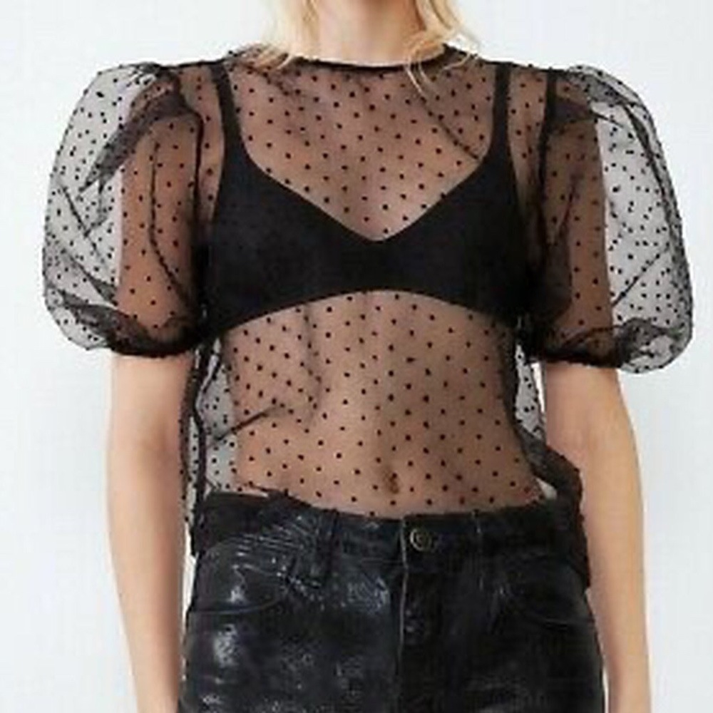 Black Sheer Polka Dot Top